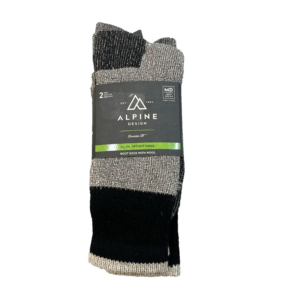 Alpine Design Mens 2 Pair Boot Socks Wool Size M 6 -9 Calf Cut Heavy Weight